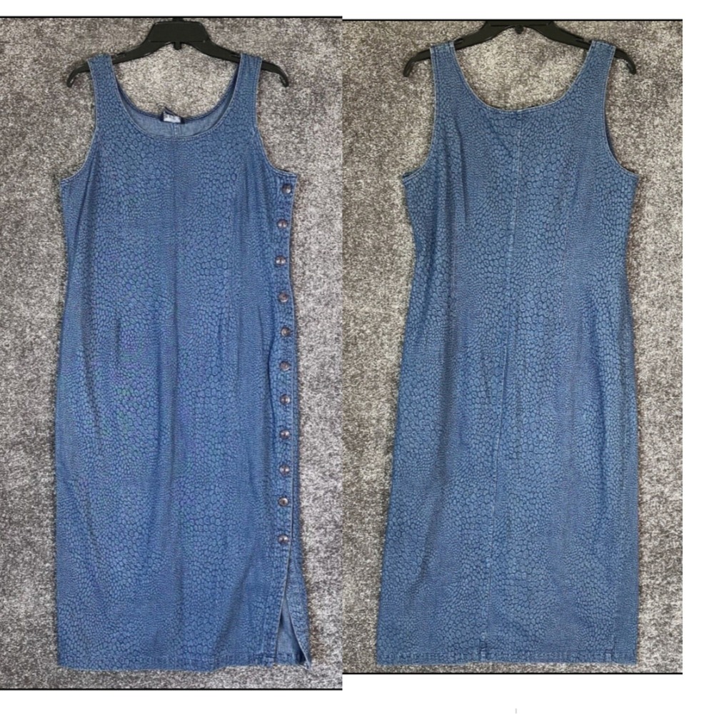 Vtg 90s Y2K Denim Jumper Maxi Dress Medium Blue Animal Print Reptile Modest Trad